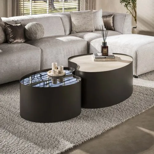 Couchtisch Set Duett 2 | 2-teilig | Metallgestell | Braunglas | Travertin
