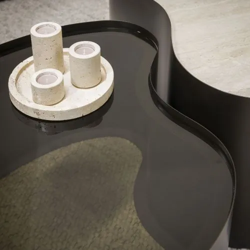 Couchtisch Set Duett 2 | 2-teilig | Metallgestell | Braunglas | Travertin