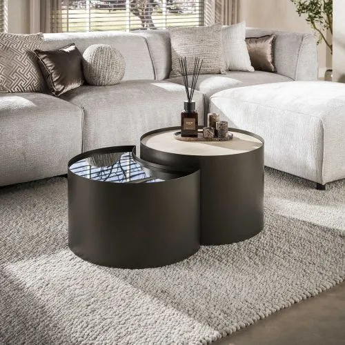 Couchtisch Set Duett | 2-teilig | Metallgestell | Braunglas | Travertin