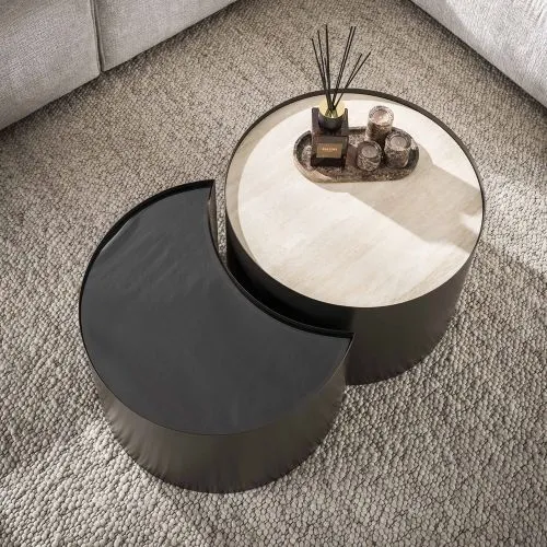 Couchtisch Set Duett | 2-teilig | Metallgestell | Braunglas | Travertin