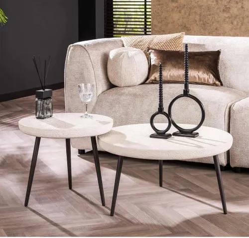 Couchtisch Set Junsei 2-teilig | rund | Marmorlook | weiß