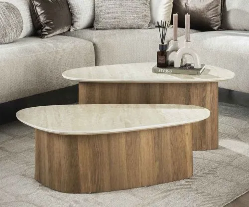 Couchtisch Set Lungi 2 | 2-teilig | Keramik Travertin | Naturfarben