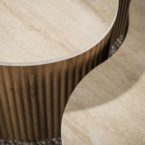 Couchtisch Set Sienna | 2-teilig | geriffelter Sockel | 3D Keramik | Travertinoptik