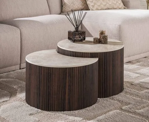 Couchtisch Set Sienna | 2-teilig | halbrund | 3D Keramik travertin