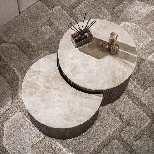 Couchtisch Set Sienna | 2-teilig | halbrund | 3D Keramik travertin