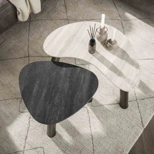 Couchtisch Set Tupi | 2-teilig | nierenförmig | Keramik Travertin | schwarz & grau