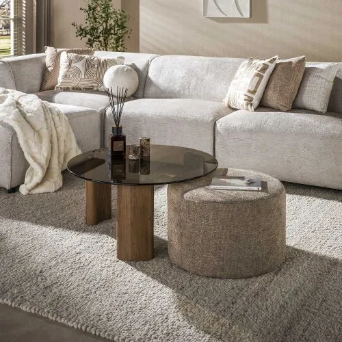 Couchtisch Shades rund | 2-teilig | mit Sitzhocker | Glas | Bronze