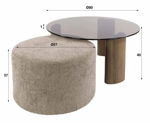 Couchtisch Shades rund | 2-teilig | mit Sitzhocker | Glas | Bronze