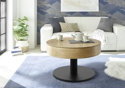 Couchtisch Tanger mit Lift rund Ø75 Asteiche / schwarz auf Rollen