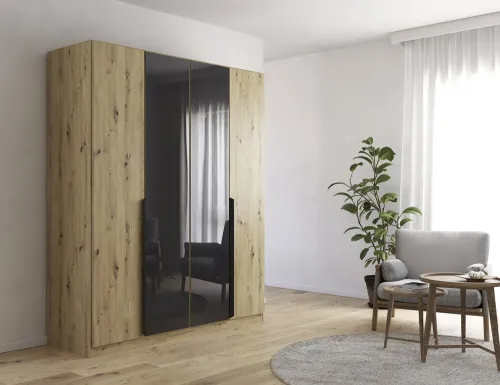 Drehtürenschrank Artemis | mit Glastüren | Eiche Artisan / basalt grau | 181 x 210 x 54 cm