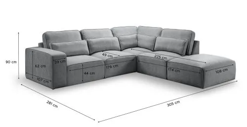 Ecksofa Lux rechts mit Rückenkissen | 305cm | Webstoff | grau