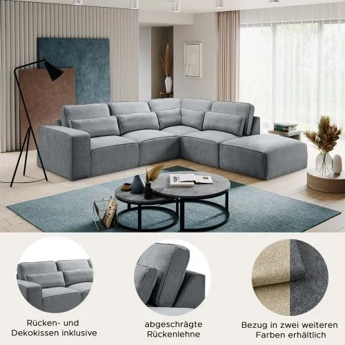 Ecksofa Lux rechts mit Rückenkissen | 305cm | Webstoff | grau