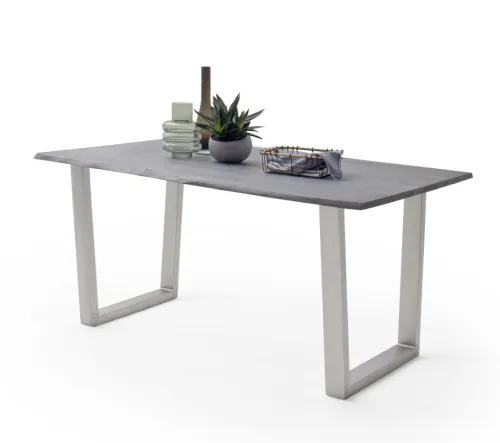 Esstisch Calabria | Akazie massiv | T-Gestell Edelstahl | grau | 160 x 90-Tischplatte 2,5 cm