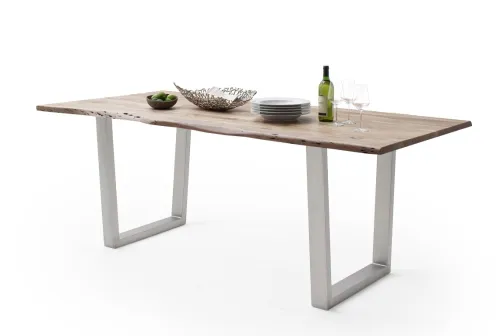Esstisch Calabria | Akazie massiv | T-Gestell Edelstahl | natur | 160 x 90-Tischplatte 2,5 cm