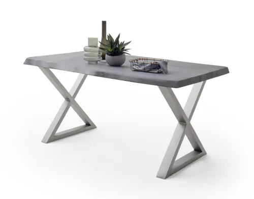 Esstisch Calabria | Akazie massiv | X-Gestell Edelstahl | grau | 240 x 100-Tischplatte 5,5 cm