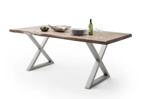 Esstisch Calabria | Akazie massiv | X-Gestell Edelstahl | natur | 240 x 100-Tischplatte 5,5 cm