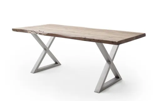 Esstisch Calabria | Akazie massiv | X-Gestell Edelstahl | natur | 240 x 100-Tischplatte 5,5 cm