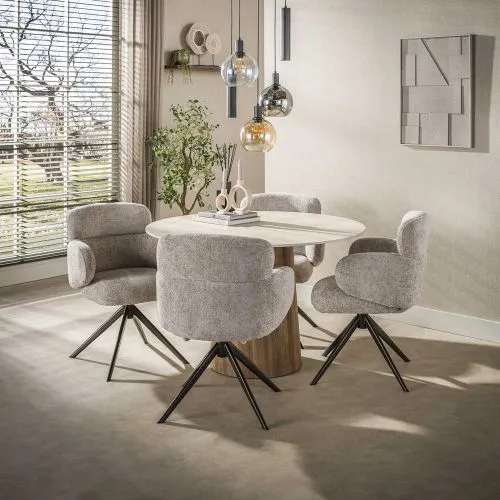 Esstisch Homa | Keramik Travertin | rund | Ø 120cm | Eiche / beige