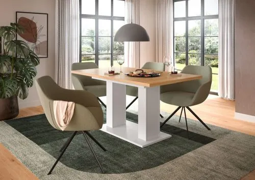 Esstisch Motion | ausziehbar | Doppelsäulen-Fußgestell | Artisan Eiche / weiß | 150(190)x90