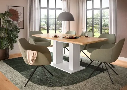 Esstisch Motion | ausziehbar | Doppelsäulen-Fußgestell | Artisan Eiche / weiß | 150(190)x90