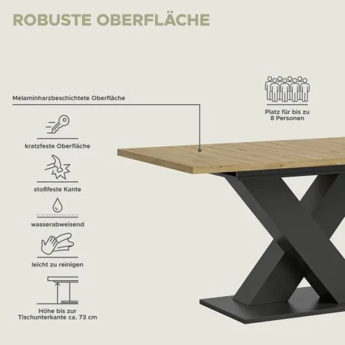 Esstisch Motion | ausziehbar | X-Fußgestell Eiche / grau |150(190)x90