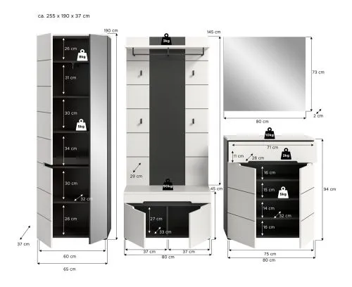 Garderoben-Set Canu 1 | Basalt grau / Weiß | 5-teilig mit Kissen