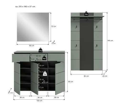Garderoben-Set Canu 2 | Basalt grau / Smoke Green | 3-teilig