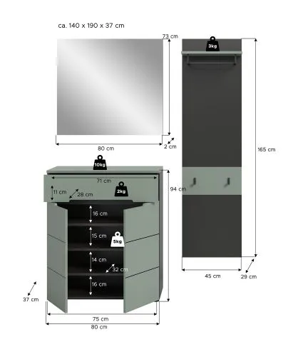 Garderoben-Set Canu 5 | Basalt grau / Smoke Green | 3-teilig