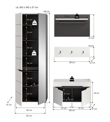 Garderoben-Set Canu | Basalt grau / Weiß | 3-teilig mit Sitzkissen