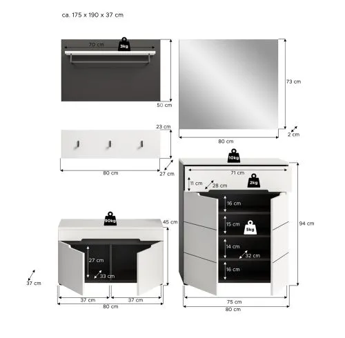 Garderoben-Set Canu | Basalt grau / Weiß | 4-teilig mit Sitzkissen