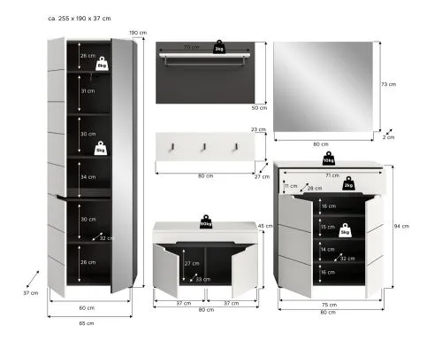 Garderoben-Set Canu | Basalt grau / Weiß | 5-teilig