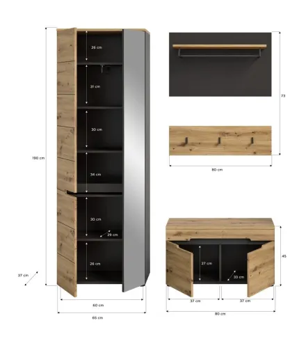 Garderoben-Set Canu | grau / Artisan Eiche | 3-teilig