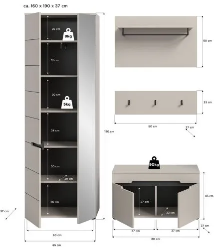 Garderoben-Set Canu | Kaschmir / Basalt grau | 3-teilig mit Sitzkissen