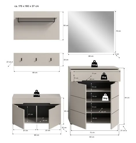 Garderoben-Set Canu | Kaschmir / Basalt grau | 4-teilig