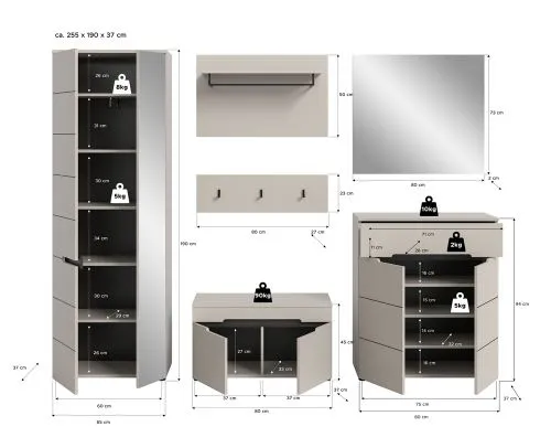 Garderoben-Set Canu | Kaschmir / Basalt grau | 5-teilig mit Kissen