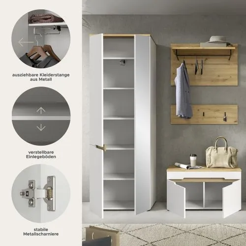 Garderoben-Set Canu | Weiß / Artisan Eiche | 3-teilig mit Sitzkissen