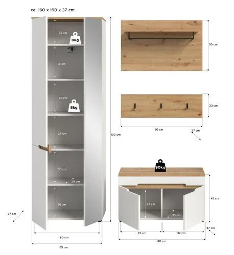 Garderoben-Set Canu | Weiß / Artisan Eiche | 3-teilig ohne Sitzkissen