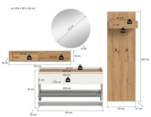Garderoben-Set Drive 1 | weiß / Artisan Oak | 4-teilig mit Beleuchtung