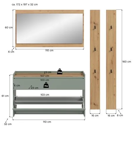 Garderoben-Set Drive 3 | Salbei / Artisan Oak | 4-teilig ohne Beleuchtung
