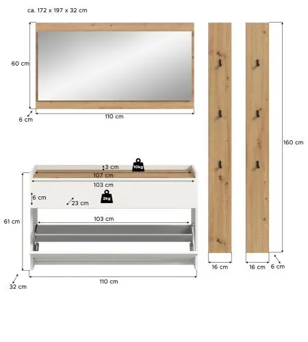 Garderoben-Set Drive 3 | weiß / Artisan Oak | 4-teilig mit Beleuchtung