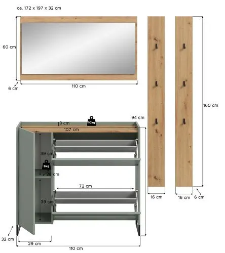 Garderoben-Set Drive 4 | Salbei / Artisan Oak | 4-teilig ohne Beleuchtung