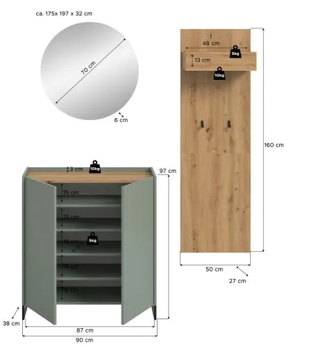 Garderoben-Set Drive | Salbei / Artisan Oak | 3-teilig