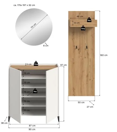 Garderoben-Set Drive | weiß / Artisan Oak | 3-teilig ohne Beleuchtung