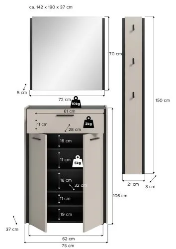 Garderoben-Set Emil 1 | Kaschmir / schwarz | 3-teilig