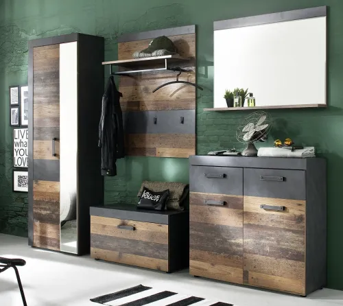 Garderoben-Set Indy | Old Used Wood / Matera grau | 5-teilig | Shabby