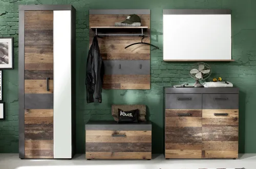 Garderoben-Set Indy | Old Used Wood / Matera grau | 5-teilig | Shabby