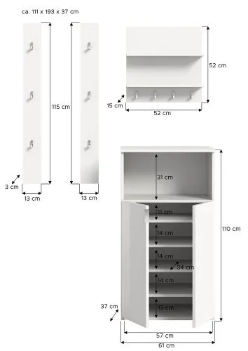 Garderoben Set Projekt X mit Schuhschrank weiß Hochglanz | 4-teilig