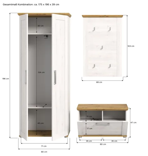 Garderoben-Set Verona | Lärche Sibiu / Eiche | 3-teilig ohne Kissen