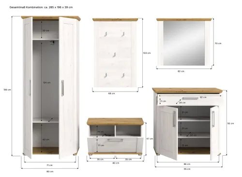 Garderoben-Set Verona | Lärche Sibiu / Eiche | 5-teilig mit Sitzkissen