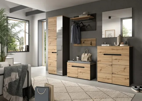 Garderobenbank Sitzbank Canu | grau /Artisan Eiche mit Kissen